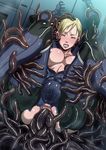 anal areolae bared_teeth blonde_hair blue_eyes blush bodysuit breasts breasts_outside butcha-u catsuit girl_on_top half-closed_eyes highres jill_valentine large_breasts lips long_hair monster multiple_insertions ponytail resident_evil resident_evil_5 reverse_cowgirl_position slime solo stomach_bulge straddling sweat tentacle_sex tentacles torn_bodysuit torn_clothes triple_anal uncensored unzipped 