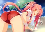  :d absurdres ass astralair_no_shiroki_towa bent_over blush breasts buruma cameltoe gym_uniform hair_cubes hair_ornament hair_ribbon highres long_hair open_mouth panties panties_under_buruma red_eyes red_hair ribbon see-through shida_kazuhiro shirt small_breasts smile solo splashing sportswear sweat towel twintails underwear washbowl water wet white_panties white_shirt yuunagi_ichika 