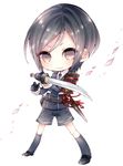  armor black_gloves black_hair cherry_blossoms chibi double-breasted full_body gloves highres holding holding_weapon japanese_armor looking_at_viewer male_focus military military_uniform necktie niwako notched_lapels shoes shoulder_armor simple_background socks sode solo standing tantou touken_ranbu uniform weapon white_background yagen_toushirou 