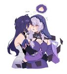  2girls acheron_(honkai:_star_rail) arm_around_waist bandaged_arm bandages biting black_choker black_gloves black_swan_(honkai:_star_rail) blush card cheek_biting choker closed_eyes detached_sleeves english_commentary food fruit gloves hair_ornament hairpin highres honkai:_star_rail honkai_(series) long_hair mapleprairies multicolored_eyes multiple_girls open_mouth peach pink_hair profile purple_hair purple_veil sound_effects thought_bubble upper_body white_background yuri 