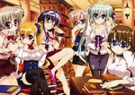  :o :p absurdres adjusting_eyewear bespectacled blonde_hair blue_eyes blush book book_stack bookshelf bow bowtie breasts brown_hair cleavage corona_timir crossed_legs einhart_stratos fang fishnet_legwear fishnets frilled_shirt frills frown fujima_takuya glasses green_eyes green_hair hair_ribbon heterochromia highres huge_filesize large_breasts library long_hair looking_at_viewer lyrical_nanoha mahou_shoujo_lyrical_nanoha_vivid miura_rinaldi multiple_girls necktie official_art older over-rim_eyewear pantyhose pink_hair purple_eyes purple_hair red_eyes ribbon rio_wezley scan semi-rimless_eyewear shirt short_hair side_ponytail side_slit skirt smile thighhighs tongue tongue_out twintails under-rim_eyewear vivio wrist_cuffs yagami_hayate 