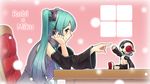  chair character_name chin_rest detached_sleeves from_side gogatsu_no_renkyuu green_eyes green_hair hatsune_miku headphones highres long_hair necktie robot sitting table twintails vocaloid 