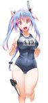  absurdres antennae blue_hair breasts bubble_skirt byeontae_jagga collarbone hair_ribbon highres i-19_(kantai_collection) kantai_collection large_breasts long_hair one-piece_swimsuit open_mouth pink_eyes ribbon school_swimsuit skirt smile solo swimsuit symbol-shaped_pupils two_side_up very_long_hair 