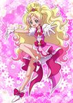  :d bare_legs blonde_hair bow brooch choker cure_flora earrings full_body gloves go!_princess_precure green_eyes half_updo hanzou haruno_haruka jewelry long_hair magical_girl multicolored_hair open_mouth outstretched_hand pink pink_background pink_bow pink_hair pink_skirt precure shoes skirt smile solo standing standing_on_one_leg streaked_hair two-tone_hair 