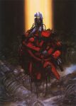  1980s_(style) 1girl cable char&#039;s_counterattack damaged dirty geara_doga gundam highres katou_naoyuki looking_at_viewer machinery mecha mobile_suit neo_zeon official_art painting_(medium) promotional_art quess_paraya realistic retro_artstyle robot sazabi science_fiction sitting traditional_media uniform when_you_see_it wreckage 
