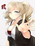  aqua_eyes blonde_hair blush breasts cleavage earrings jewelry large_breasts long_hair looking_at_viewer naso4 one_eye_closed persona persona_5 simple_background solo takamaki_anne twintails wavy_hair 