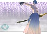  blue_hair blue_hakama flower gloves green_eyes hakama japanese_clothes katana looking_at_viewer male_focus mikazuki_munechika sheath sheathed shirtless solo sword thumbs_down touken_ranbu unaken weapon wisteria 