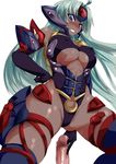  1girl bare_shoulders blue_eyes blush breasts curvy dark_skin erect_nipples green_hair large_breasts long_hair looking_at_viewer nipples open_legs parted_lips penis smile spread_legs t-elos thick_thighs underboob wide_hips xenosaga xenosaga_episode_iii 