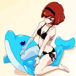  aliasing android beach bikini black_bikini bob_cut breasts cleavage dolphin hairband inflatable_dolphin inflatable_toy r_dorothy_wayneright red_hair robot see-through side-tie_bikini simple_background solo straddling swimsuit the_big_o wristwatch 
