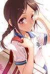  bag blush braid brown_eyes brown_hair closed_mouth face hair_ornament hairclip long_hair looking_at_viewer original pairan school_uniform shoulder_bag smile solo twin_braids twintails 