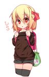  :o alternate_costume bag bare_shoulders black_legwear blonde_hair blush hair_ribbon looking_at_viewer off_shoulder red_eyes ribbed_sweater ribbon rumia school_bag shamo_(koumakantv) short_hair shorts solo sweater thighhighs touhou 