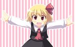 ascot blush fang hair_ribbon kinagi_yuu open_mouth outstretched_arms red_eyes ribbon rumia solo striped striped_background touhou vertical-striped_background vertical_stripes 