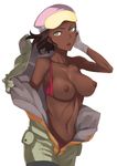  bodysuit bra breasts brown_hair dark_nipples dark_skin gloves green_eyes gundam gundam_g_no_reconguista hat jack_hamster large_breasts looking_at_viewer nipples open_clothes panties red_bra red_panties short_hair simple_background solo steer toned underwear white_background 