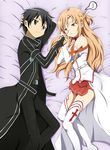  1girl asuna_(sao) black_eyes black_hair breastplate brown_eyes brown_hair coat couple fingerless_gloves gloves hetero highres kinfuji kirito long_hair long_legs lying on_side poking poking_nose short_hair spoken_sweatdrop sweatdrop sword_art_online thighhighs 