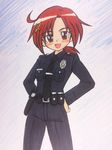  :d ahoge belt belt_pouch commentary_request emblem hair_ornament hands_on_hips highres hino_akane_(smile_precure!) holster kakeru_(msjatl80) looking_at_viewer los_angeles_police_department md5_mismatch necktie open_mouth pants pocket police police_uniform ponytail pouch precure red_hair revision smile smile_precure! solo uniform x_hair_ornament 