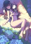  black_hair breasts flower hair_censor hydrangea long_hair madyy nude pillow red_eyes sanka_rea sankarea small_breasts solo very_long_hair 