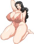  anklet arm_up bare_shoulders barefoot black_hair breasts brown_eyes cleavage covered_nipples curvy gigantic_breasts highres jewelry lips long_hair mature md5_mismatch one-piece_swimsuit original plump simple_background solo swimsuit tamanegiya thick_thighs thighs white_background 