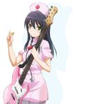  bass_guitar black_hair blush fujimi_suzu green_eyes hat highres instrument long_hair looking_at_viewer nitroplus nurse nurse_cap official_art pantyhose smile solo soniani stethoscope tamura_masafumi white_legwear 