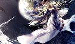  blonde_hair breasts cleavage dress earth elbow_gloves epic gap gloves hat hat_ribbon juliet_sleeves katana large_breasts long_hair long_sleeves mob_cap moon multicolored multicolored_clothes multicolored_dress planet puffy_sleeves purple_dress purple_gloves ribbon skade solo space sword touhou very_long_hair weapon white_dress wide_sleeves yakumo_yukari yellow_eyes 