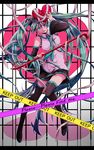  black_footwear boots cane caution_tape detached_sleeves green_hair grin hatsune_miku heart hukahire0313 long_hair necktie parted_lips skirt smile solo streaming_heart_(vocaloid) thigh_boots thighhighs twintails very_long_hair vocaloid 