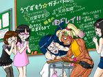  arm_wrestling chalkboard hair_ornament hairclip multiple_girls muscle sweat thighhighs 