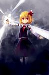  ascot blonde_hair card hair_ribbon highres murani red_eyes ribbon rumia short_hair solo spell_card touhou 