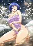  1girl blue_hair breasts eyepatch green_eyes ikkitousen large_breasts mole official_art ryomou_shimei smile snow solo towel water wet 