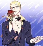  blonde_hair blue_eyes flower formal hokuto_shun jojo_no_kimyou_na_bouken male_focus prosciutto rose solo suit 