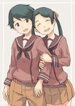  :o arm_hug belt black_eyes black_hair black_neckwear closed_eyes hair_ribbon head_to_head kantai_collection long_sleeves mikuma_(kantai_collection) mogami_(kantai_collection) multiple_girls neckerchief open_mouth pleated_skirt ribbon sailor_collar school_uniform serafuku short_hair shorts skirt taruya twintails very_short_hair 