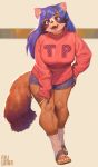 1girl furry inuki_(aruurara) open_mouth pink_eyes purple_hair raccoon short_pants solo 