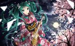  cherry_blossoms electric_guitar full_moon green_eyes green_hair guitar hatsune_miku highres instrument japanese_clothes kimono long_hair looking_at_viewer moon obi open_mouth pyz_(cath_x_tech) reflection sash solo tree twintails very_long_hair vocaloid 