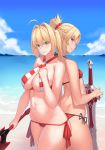  2girls aestus_estus ahoge ass ass-to-ass back back-to-back bangs beach bikini blue_eyes braid breasts criss-cross_halter eyebrows_visible_through_hair fate/grand_order fate_(series) franham french_braid green_eyes hair_intakes hair_ornament hair_scrunchie halter_top halterneck hand_on_own_chest highres large_breasts looking_at_viewer looking_back mordred_(fate)_(all) mordred_(swimsuit_rider)_(fate) multiple_girls nero_claudius_(fate)_(all) nero_claudius_(swimsuit_caster)_(fate) ocean parted_bangs ponytail prydwen red_bikini red_scrunchie scrunchie side-tie_bikini sky smile stomach striped striped_bikini swimsuit sword twintails waves weapon 