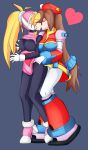  2girls blonde_hair breast_brab breasts brown_hair capcom ciel_(rockman) eyes_closed grabbing iris_(rockman_x) kiss leg_up legs lluanhyperzero multiple_girls rockman rockman_x rockman_zero yuri 