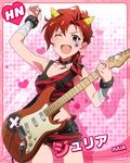  ;d arm_up armpits bandages blue_eyes bracelet card_(medium) character_name choker electric_guitar fake_horns guitar horns idolmaster idolmaster_million_live! instrument jewelry julia_(idolmaster) looking_at_viewer official_art one_eye_closed oni_horns open_mouth plectrum red_hair short_hair smile solo v-shaped_eyebrows 