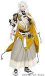 2014 animal_ears armor bare_chest bishounen commentary_request company_name dated duplicate flower_knot fox_boy fox_ears full_body gloves gold_trim hakama ipev japanese_armor japanese_clothes jpeg_artifacts katana kogitsunemaru long_hair looking_at_viewer low-tied_long_hair male_focus md5_mismatch nitroplus official_art open_mouth partly_fingerless_gloves red_eyes sandals sheath sheathed shoulder_armor simple_background sode solo standing sword tabi tassel thick_eyebrows touken_ranbu very_long_hair weapon white_background 