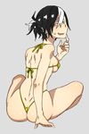  ass bikini black_hair black_hood blue_eyes breasts dimples_of_venus earrings finger_to_chin highres jewelry kamezaemon medium_breasts micro_bikini multicolored_hair original ponytail short_hair sideboob sitting solo swimsuit two-tone_hair white_hair 