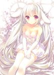  animal_ears bare_shoulders blush breasts bunny_ears elbow_gloves gloves highres long_hair nametakenoko original red_eyes sitting skirt small_breasts solo thighhighs very_long_hair white white_legwear zettai_ryouiki 