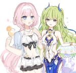  2girls bare_shoulders bikini bikini_skirt black_bikini blue_eyes blue_horns blue_one-piece_swimsuit breasts cleavage cleavage_cutout clothing_cutout collaboration commentary_request done_(qz1c_) drink elysia_(honkai_impact) elysia_(miss_pink_elf)_(honkai_impact) elysia_(summer_miss_elf)_(honkai_impact) food fruit green_eyes green_hair hairband holding holding_drink honkai_(series) honkai_impact_3rd horns jewelry lace_hairband long_hair looking_at_another mobius_(daughter_of_corals)_(honkai_impact) mobius_(honkai_impact) multiple_girls necklace one-piece_swimsuit open_mouth orange_(fruit) orange_slice pearl_necklace pink_hair pink_pupils pointy_ears rosu_(rostar1r) see-through smile swimsuit swimsuit_cover-up twintails very_long_hair white_bikini white_hairband white_one-piece_swimsuit 