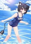 absurdres animal_ears black_hair cat_ears facial_mark highres nugi_(armenci) ocean one-piece_swimsuit original personification red_eyes school_swimsuit short_hair solo swimsuit tail usb 