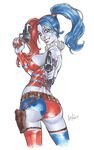  batman_(series) breasts cleavage dc_comics elias_chatzoudis gun harley_quinn lipstick looking_at_the_viewer looking_at_viewer makeup multicolored_hair thighhighs twintails weapon 