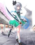  black_hairband blue_eyes cherry_blossoms dual_wielding hair_ribbon hairband highres holding katana konpaku_youmu konpaku_youmu_(ghost) lantern revision ribbon silver_hair solo stairs stone_lantern sword touhou weapon wy-nn 