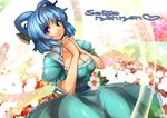  artist_name blue_dress blue_eyes blue_hair breasts character_name cleavage collarbone commentary_request dress dutch_angle floral_background flower frilled_dress frills grin hair_ornament hair_stick hands_clasped hands_together heart kaku_seiga large_breasts looking_at_viewer own_hands_together parted_lips praying puffy_short_sleeves puffy_sleeves shawl short_sleeves smile solo teeth touhou umigarasu_(kitsune1963) 