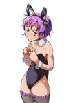  animal_ears bad_id bad_pixiv_id bare_arms bare_shoulders black_legwear bunny_ears bunny_girl bunnysuit collarbone daitoutei embarrassed fake_animal_ears fingers_together heart highres komeiji_satori leotard purple_hair red_eyes solo thighhighs touhou wrist_cuffs 