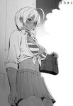  ahoge bikini_top blush breasts collar dark_skin greyscale highres large_breasts looking_at_viewer mito_ikumi monochrome open_clothes open_shirt shirt shokugeki_no_souma short_hair skirt solo sweat youshu_ohepe 