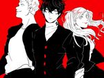  2boys amamiya_ren bad_id bad_pixiv_id monochrome multiple_boys persona persona_5 sakamoto_ryuuji shuujin_academy_uniform takamaki_anne twintails 