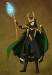  absurdres antenna_hair avengers cape cosplay crossover evil_grin evil_smile full_body glasses green_cape green_hair grin helmet highres horns kunoichi-san loki_(marvel) loki_(marvel)_(cosplay) long_hair mahou_sensei_negima! marvel red_eyes saotome_haruna smile solo staff 