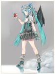 apple aqua_hair artist_name blue_eyes bow bowtie corset food fruit full_body gloves goggles goggles_on_head hatsune_miku headset high_heels highres kowiru long_hair mechanical_wings revision skirt smile solo steampunk twintails very_long_hair vocaloid wings 