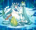  aqua_eyes aqua_hair boots brown_footwear calne_ca fur_boots giant_leaf hair_ribbon hatsune_miku heterochromia high_heels highres isopod knee_boots long_hair misa_kobayashi multiple_girls red_eyes ribbon sitting snow twintails very_long_hair vocaloid yuki_miku 