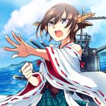  ang blue_eyes brown_hair hairband hiei_(kantai_collection) japanese_clothes kantai_collection nontraditional_miko short_hair skirt solo turret 