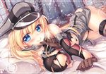  bad_id bad_pixiv_id bismarck_(kantai_collection) blonde_hair blue_eyes blush breasts elbow_gloves gloves hat kantai_collection large_breasts long_hair looking_at_viewer smile solo torn_clothes uniform yuriko 
